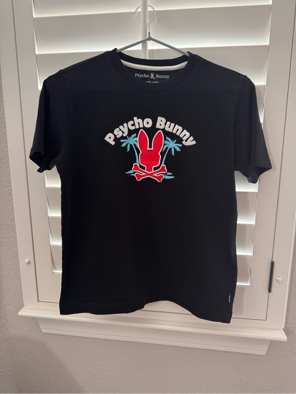 Psycho Bunny Black Tee with Red Bunny & Light Blue Palm Graphic